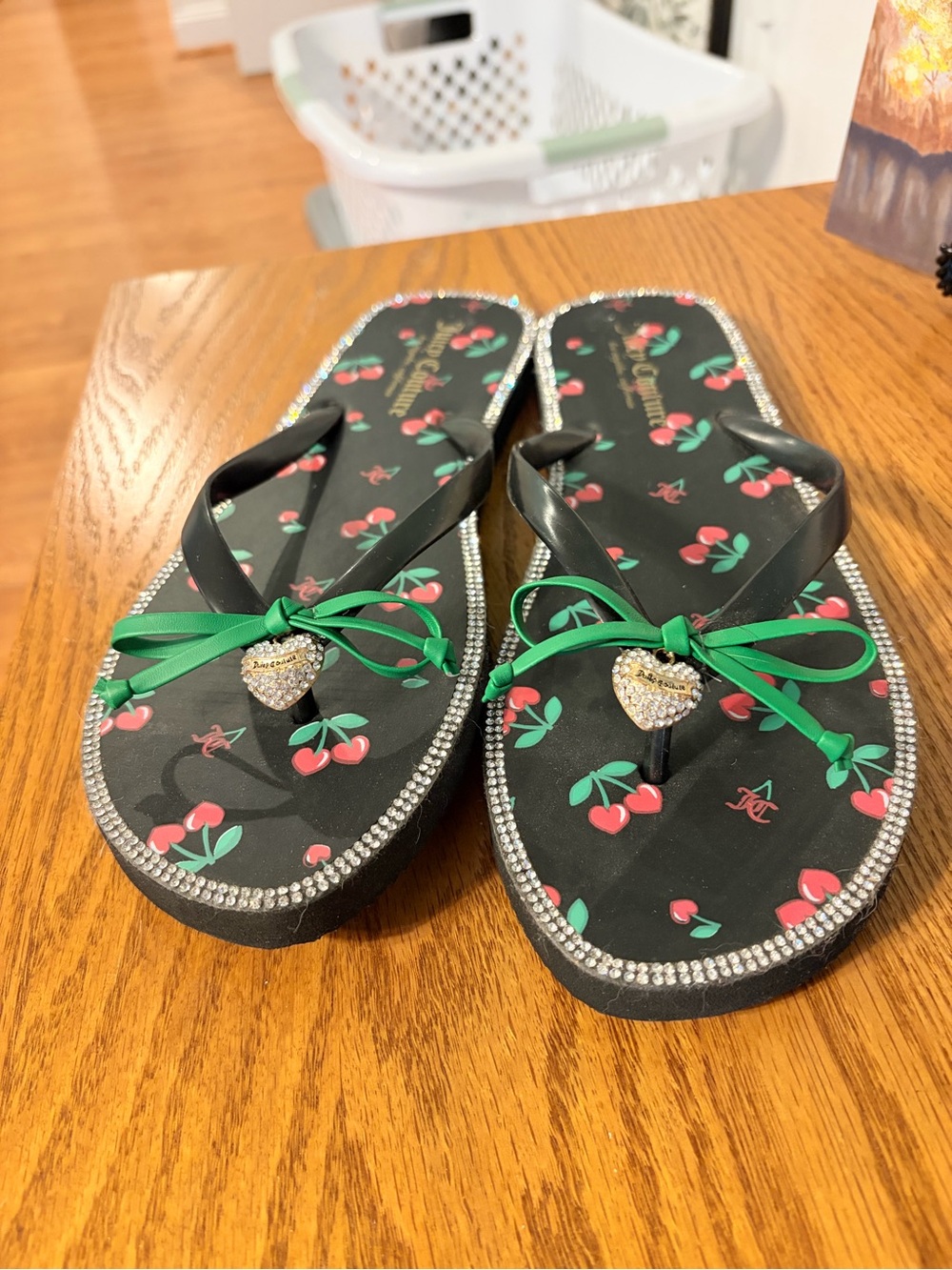 Juicy Couture Black Cherry Print Rhinestone Flip Flops with Green Bows